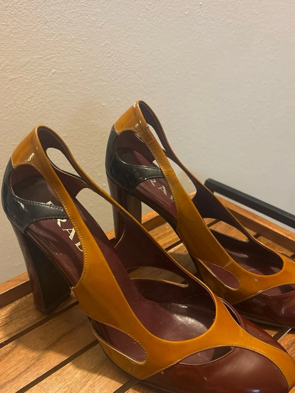 Prada Two-Tone Brown and Mustard Leather Pumps. Spring/Summer 2000s Collection